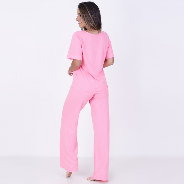 Pijama Longo e manga curta de algodão pink flúor nuvem