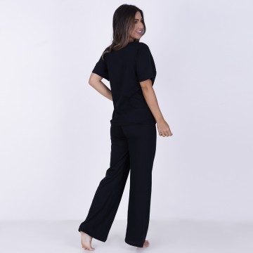 Pijama Longo e manga curta de algodão preto mandala grega