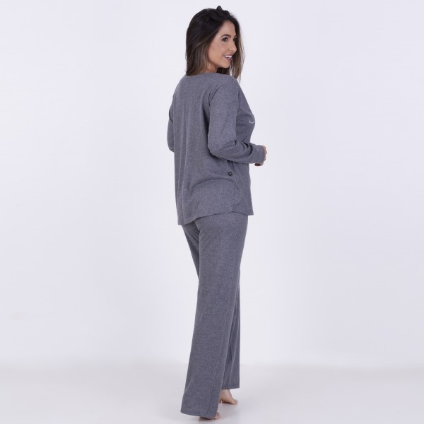 Pijama Longo em Algodão Com Estampa em Silk + Strass