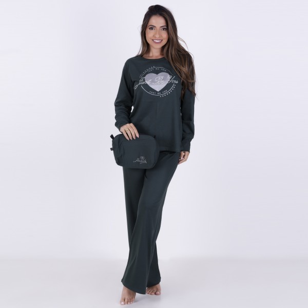Pijama Longo em Algodão Com Estampa em Silk + Strass