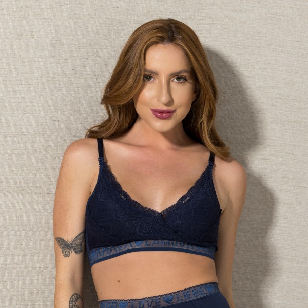 Sutiã em Algodão Egípcio Dois Lados de Renda Marinho